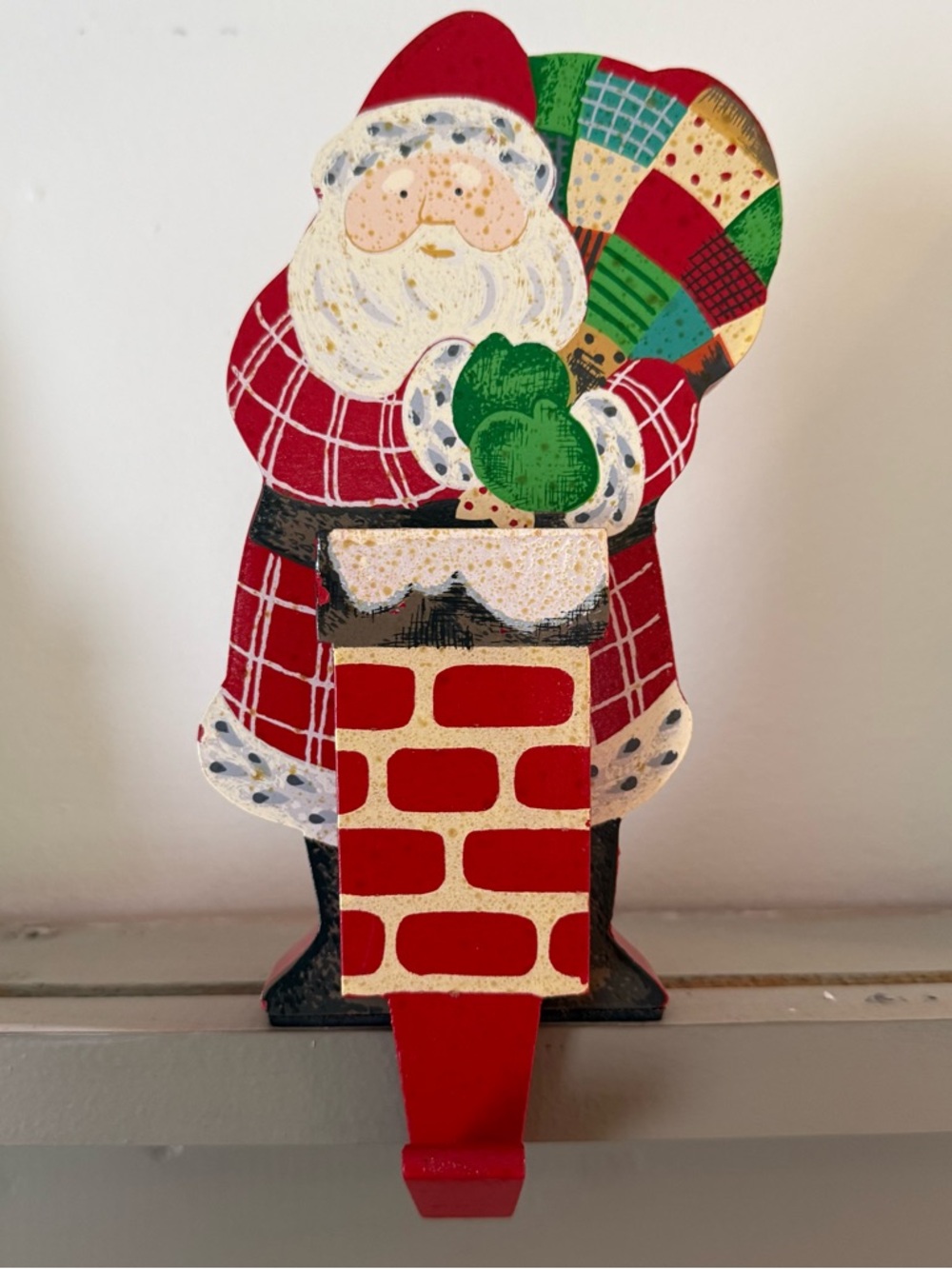 Vintage Handmade Hand painted Santa Shelf Sitter Wreath Stocking Hanger Red